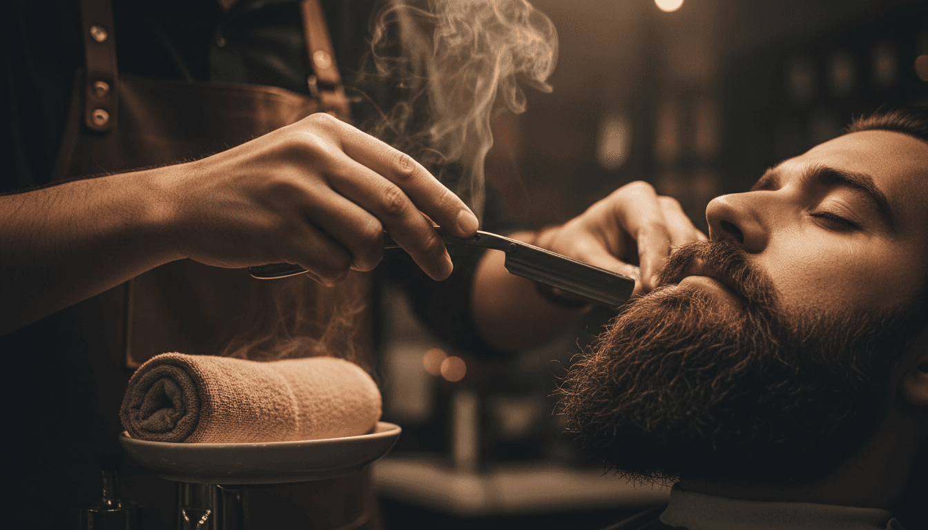 Barber shaping a beard with a straight razor