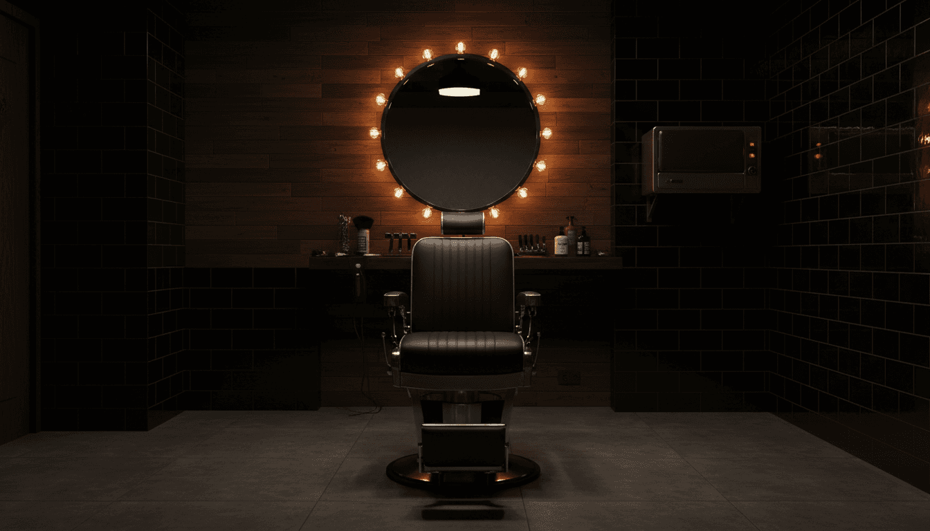 Modern barbershop interior with a leather chair and warm lighting