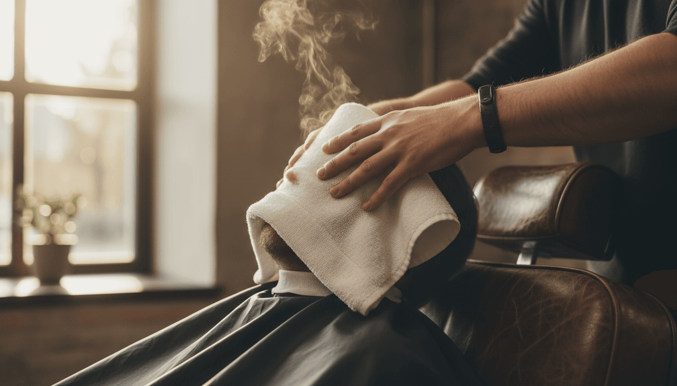 Hot towel being applied to a client's face in a barbershop