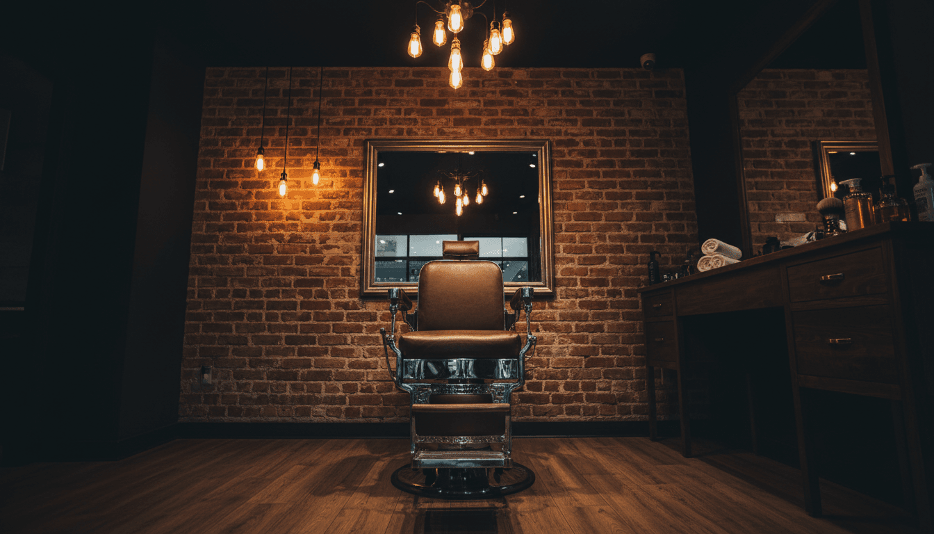 Modern barbershop interior with leather chair and warm lighting