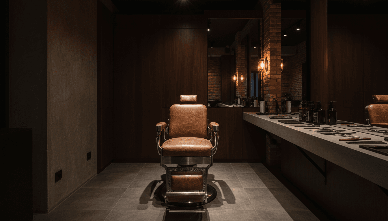 Modern barbershop interior with a leather chair under warm evening lighting