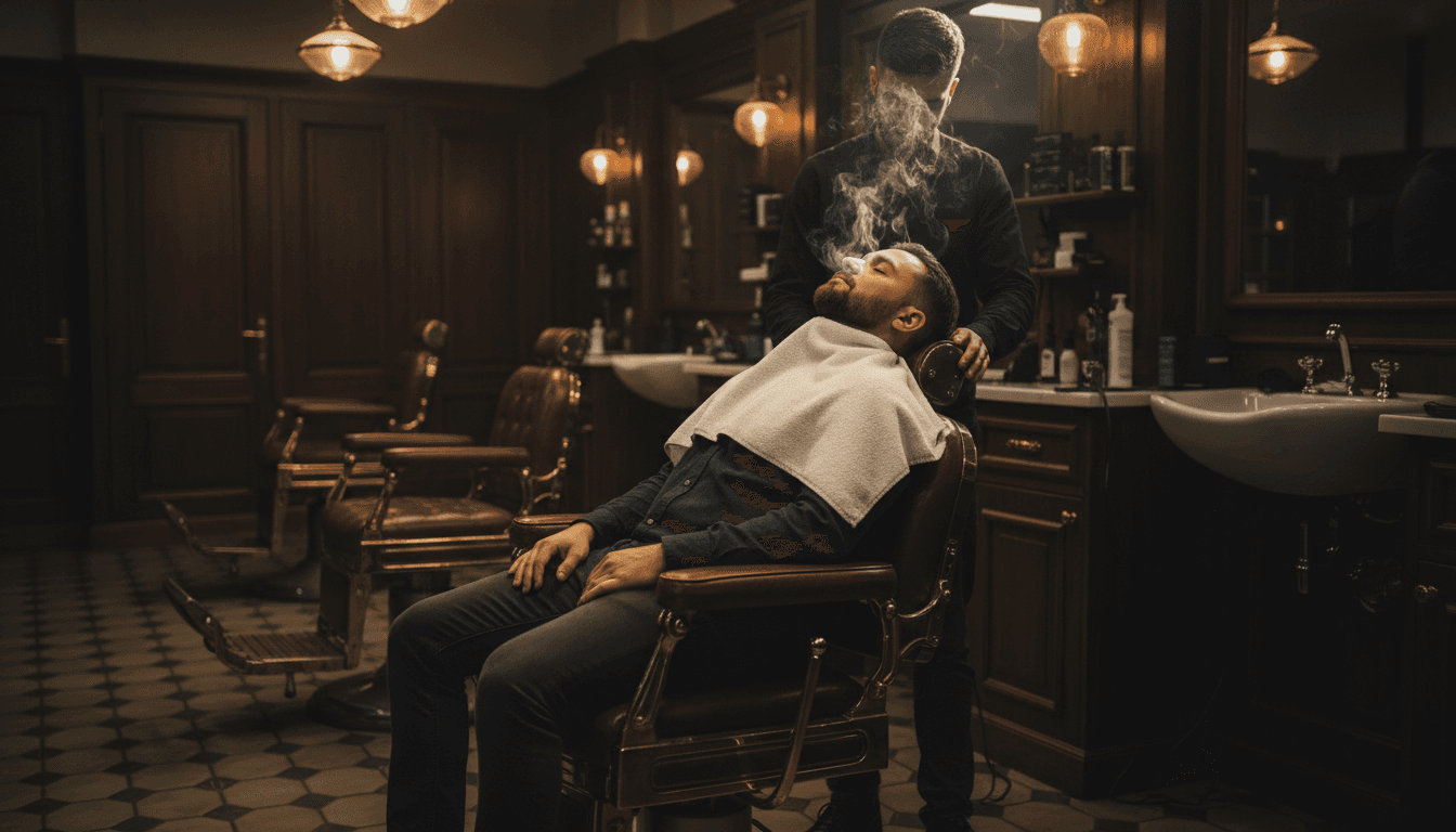 Client relaxing with a hot towel treatment at a modern barbershop