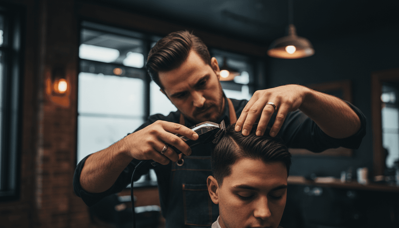 Barber executing a precise skin fade with clippers in a modern barbershop