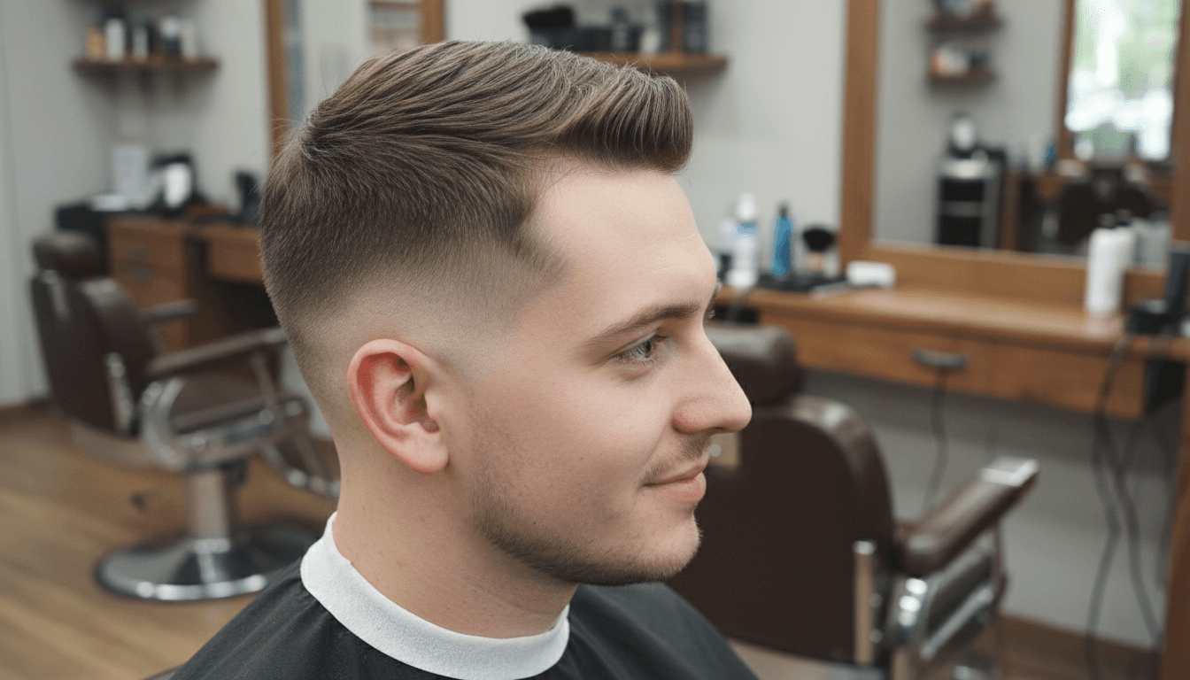 Side profile of a man with a finished high fade haircut in a barber shop