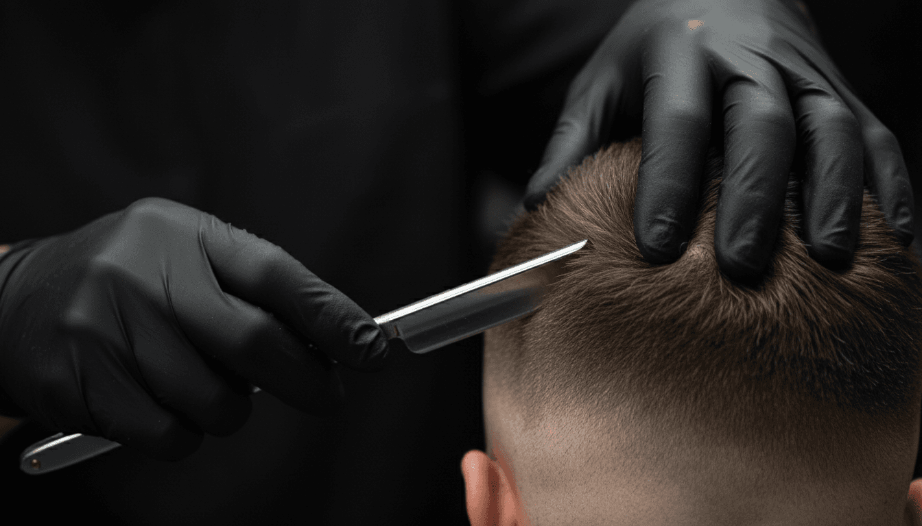 Straight razor detailing a skin fade neckline