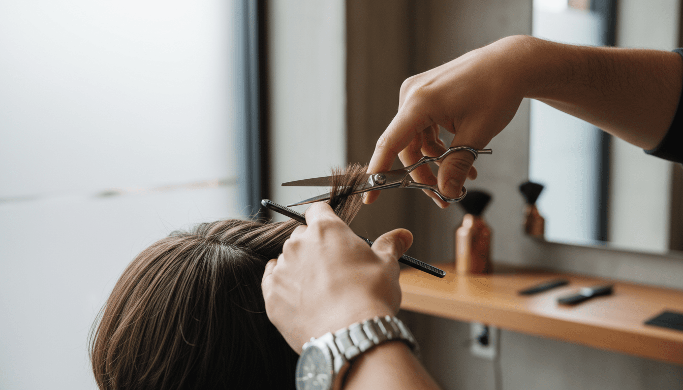 Barber sectioning a client's hair with scissors in a modern studio