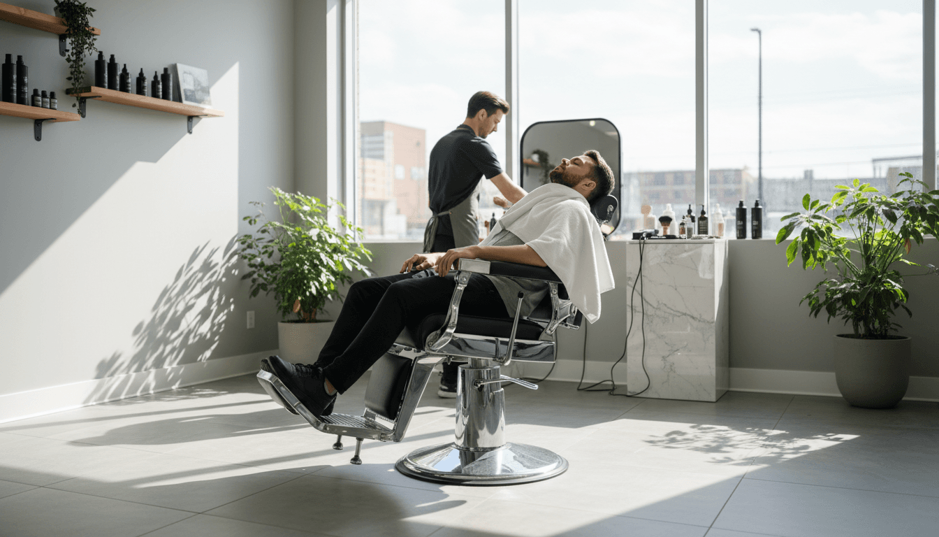 Relaxed client with a towel over face in a barber chair