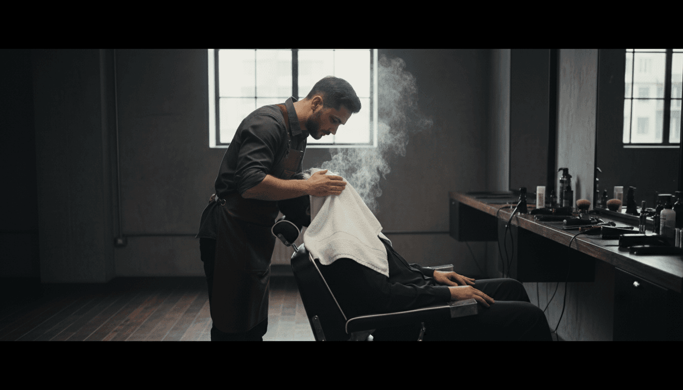 Barber applying a hot towel to a client's face in a dimly lit modern studio