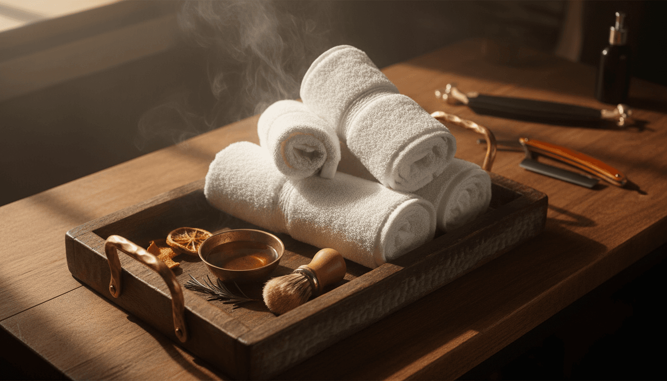 Steaming white towels folded on a barber's tray