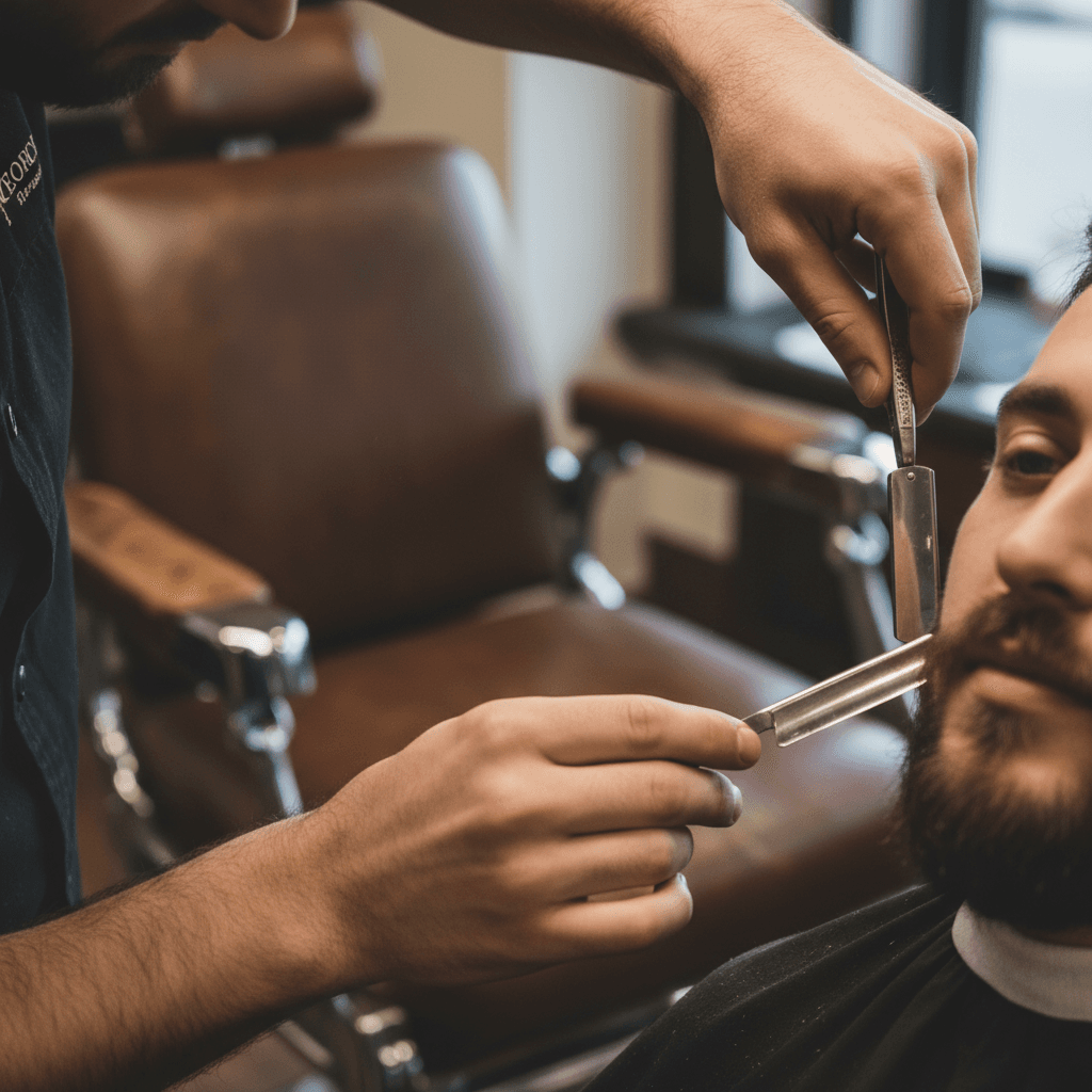 Barber's hands trimming hairline with a straight razor