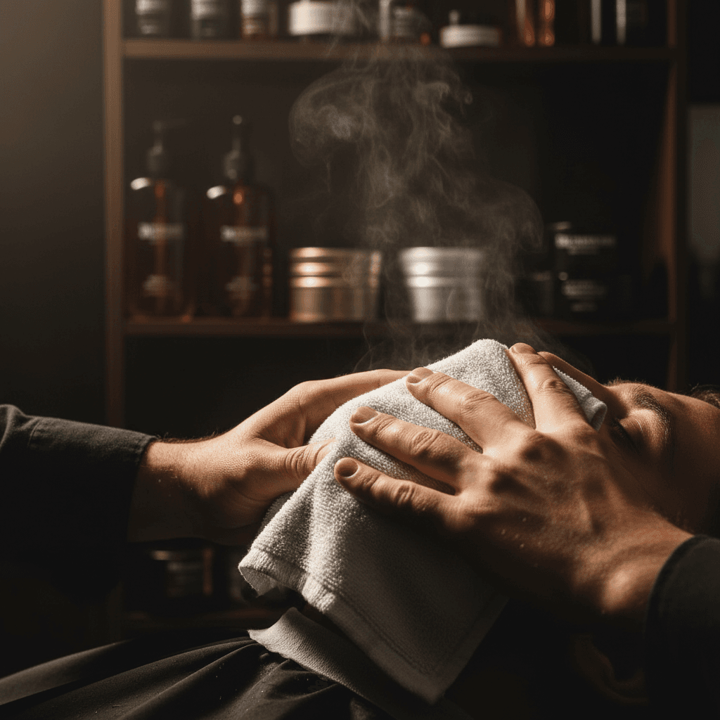 Barber placing a hot towel on a client's face during a grooming ritual