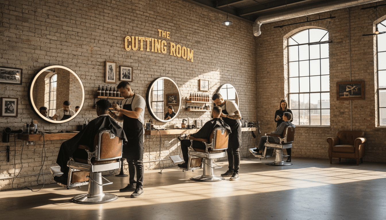 Barber trimming a client's hair in a modern Mission Valley barbershop