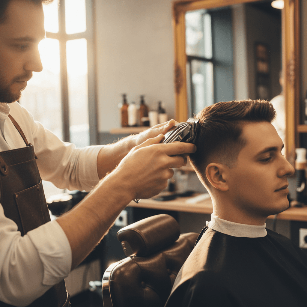 Barber trimming a client's hairline in a modern studio